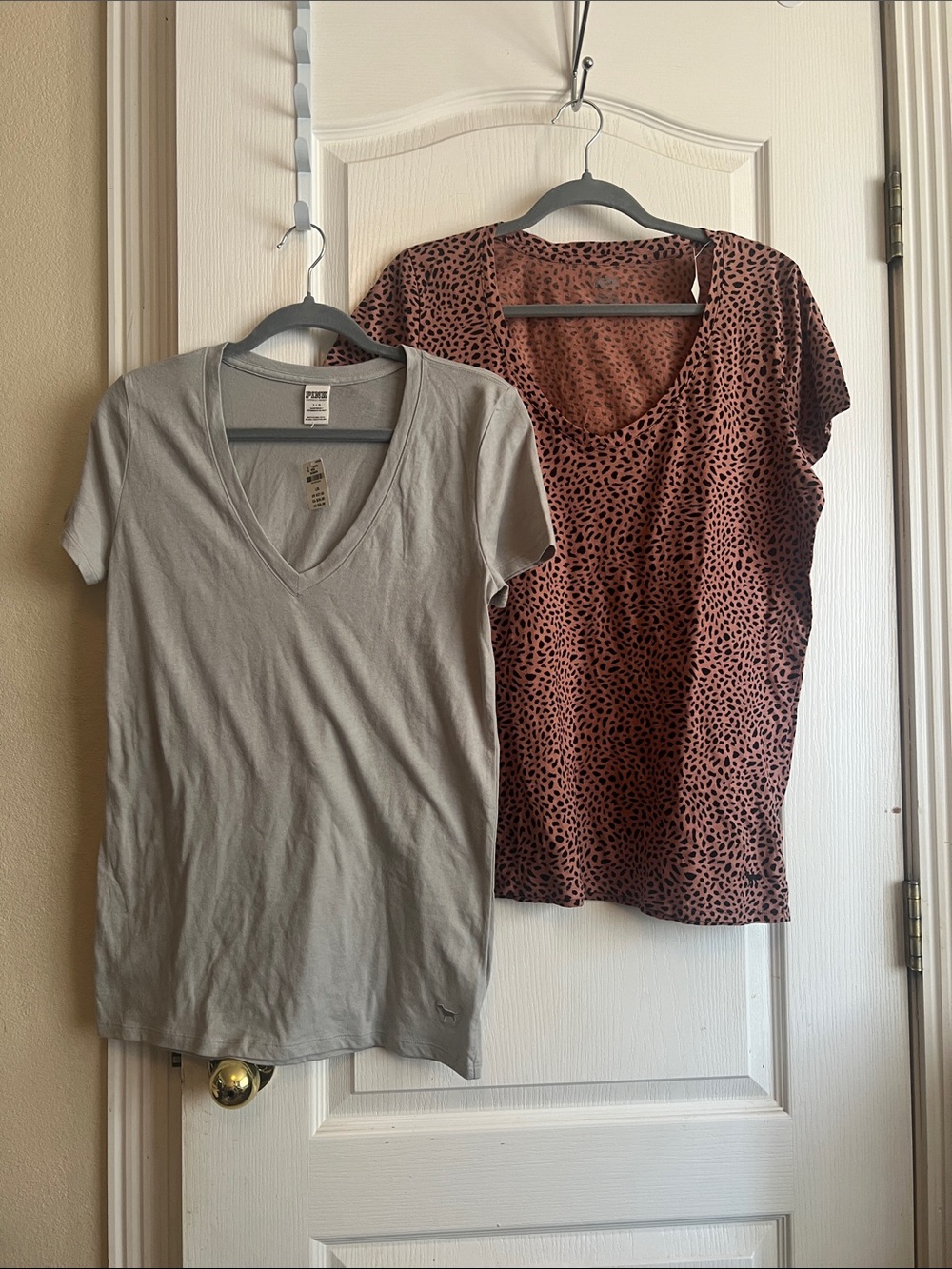 PINK vs Two Women’s V-Neck Tops — Gray Solid & Rust Leopard Print
